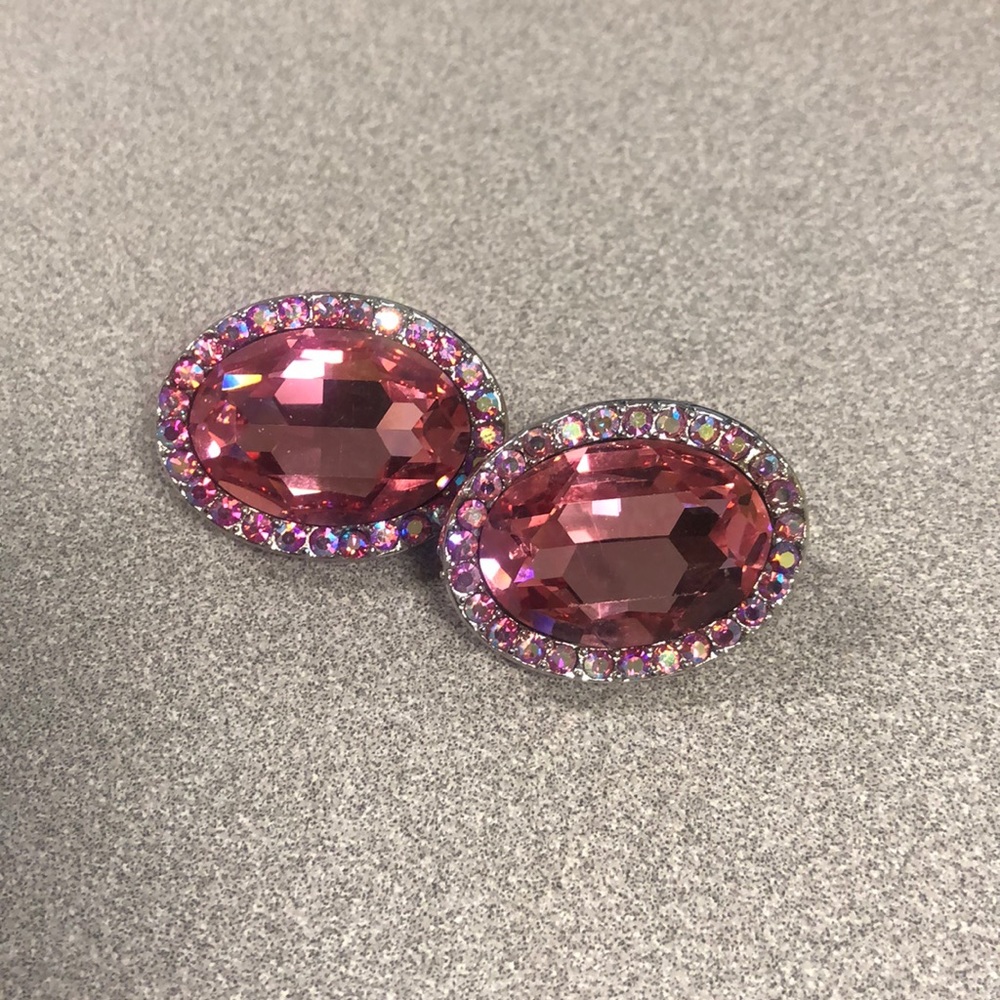 Pink Faux Diamond Oval Clip-on Earrings
